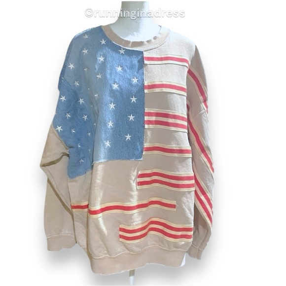 NWT Free People X Tricia Fix Stripes And Stars Pullover Size Large Tan Blue Red - Picture 3 of 15